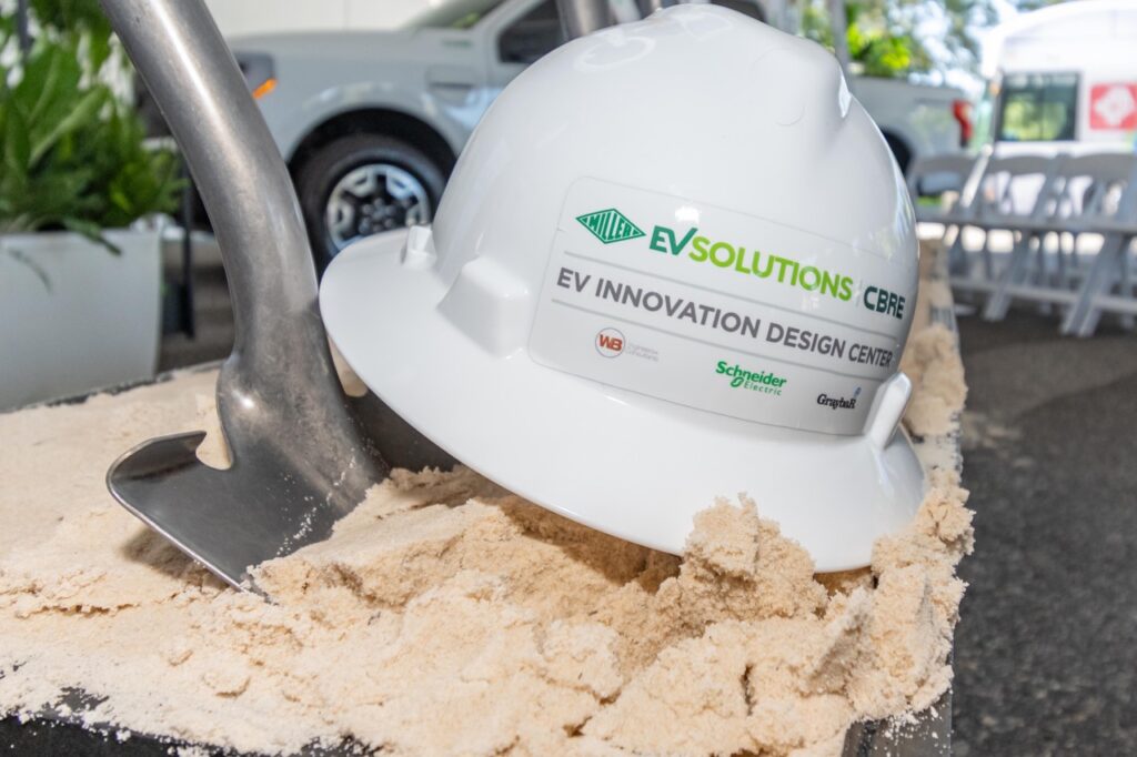 A helmet and shovel at the Miller EV Solutions Innovation Design Center groundbreaking.